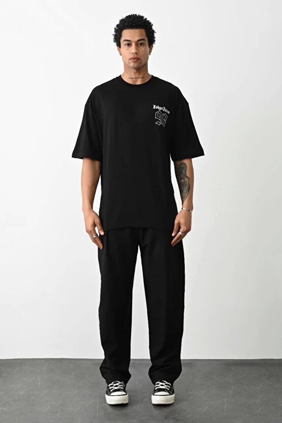 Unisex Baskılı Oversize T-Shirt - Siyah