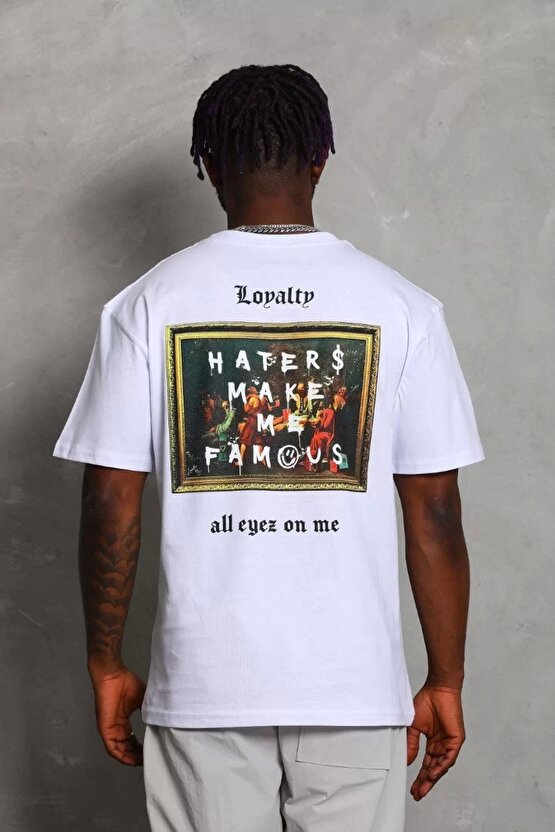 Unisex Oversize Baskılı Bisiklet Yaka T-Shirt - Beyaz