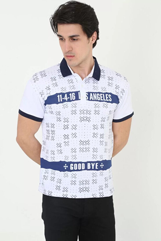 Erkek Yakalı Slim Fit Baskılı T-Shirt - Beyaz