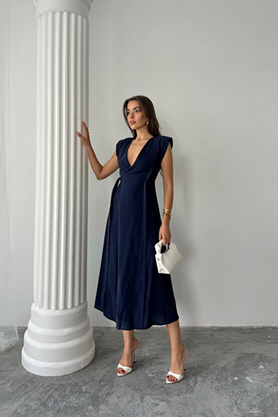 KRUVAZE VATKALI KOLSUZ ELBİSE MODAL KUMAŞ - Lacivert