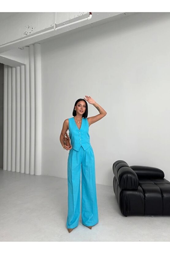 Kadın Keten Sırtı Çapraz Geçişli Cepken Pantolon İkili Takım