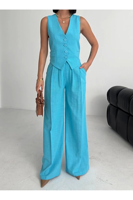 Kadın Keten Sırtı Çapraz Geçişli Cepken Pantolon İkili Takım