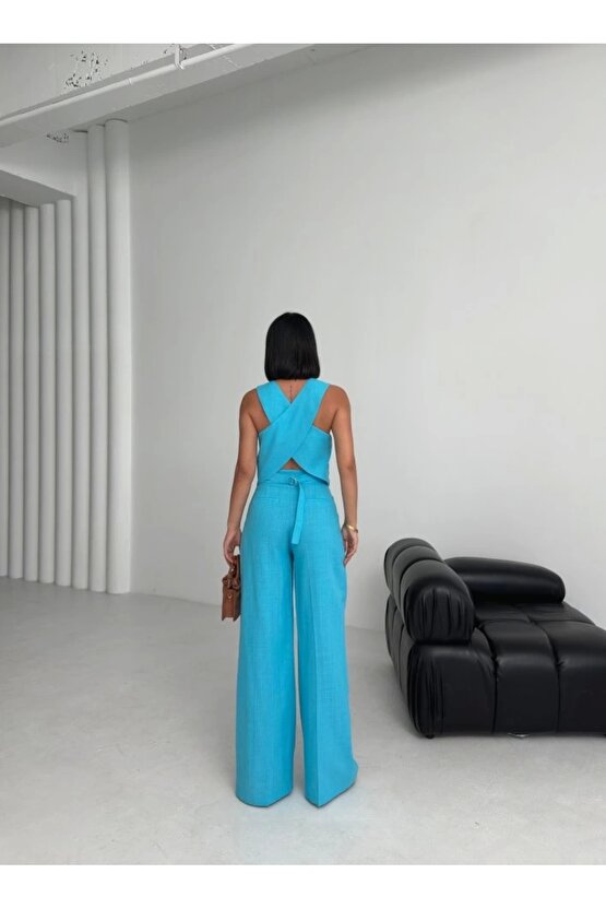 Kadın Keten Sırtı Çapraz Geçişli Cepken Pantolon İkili Takım