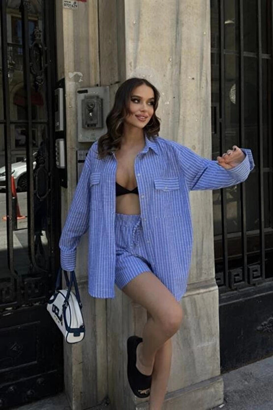 Stacy Çizgili Şort Takım 9801-0025