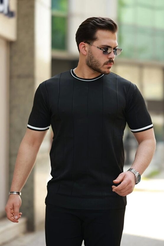 Erkek Bisiklet Yaka çizgi Desenli Ribanalı Kısa Kollu Tshirt