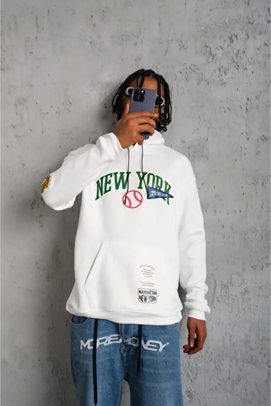 Erkek Baskılı Kapüşonlu Sweatshirt - Beyaz
