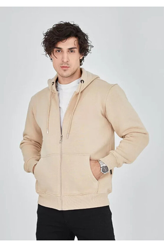 Unisex Tam Fermuarlı Kapşonlu SweatShirt - Bej