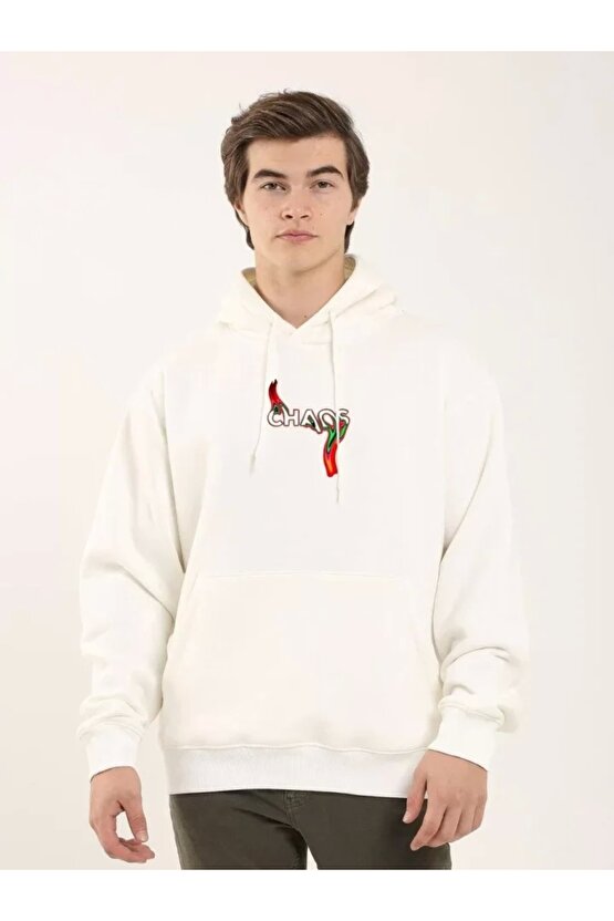 Unisex Baskılı Oversize Üç İplik Kapüşonlu Sweatshirt - Beyaz