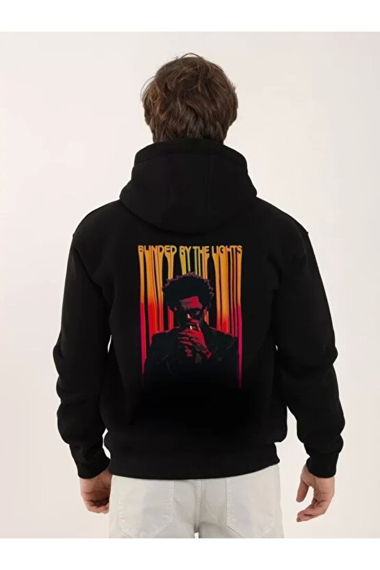 Unisex Baskılı Oversize Üç İplik Kapüşonlu Sweatshirt - Siyah