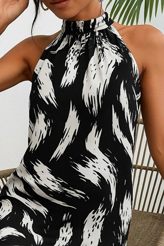 Kadın Kolsuz Boyundan Askılı Desenli Midi Süprem Elbise