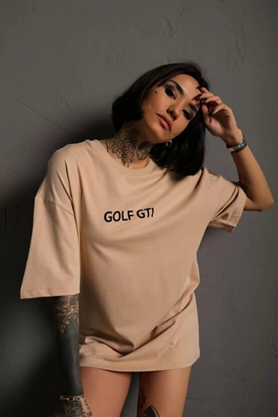 Kadın Sırt Golf Gtı Baskılı Oversize T-shirt - Bej