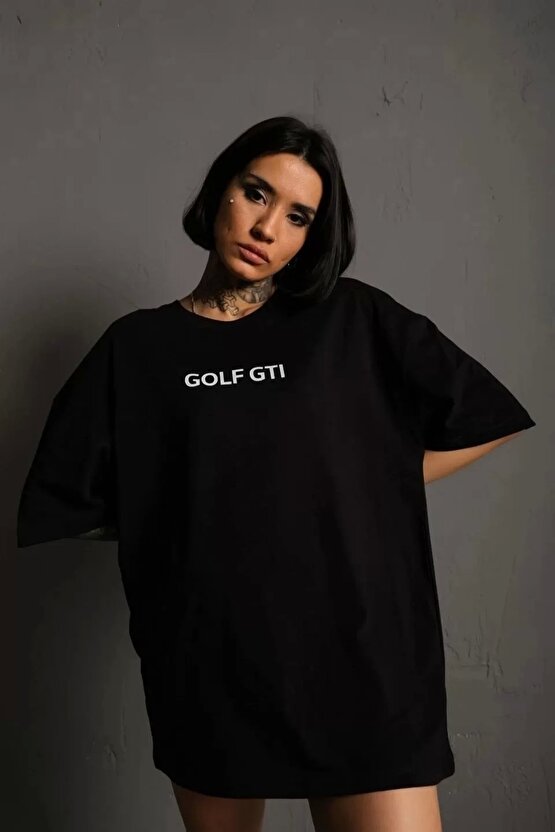 Kadın Sırt Golf Gtı Baskılı Oversize T-shirt - Siyah