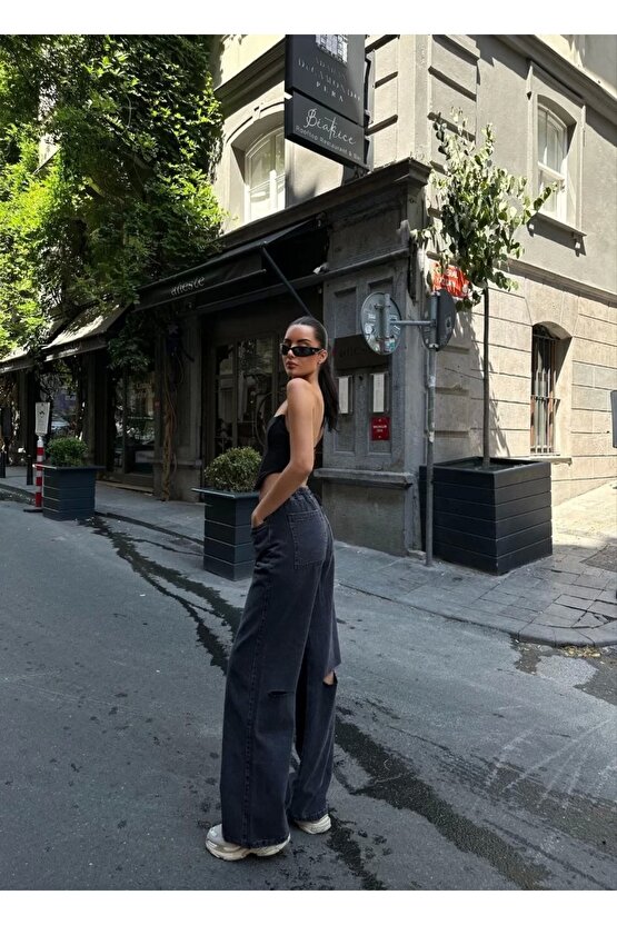 Kadın Arkadan Yırtmaçlı Jeans Kot Palazzo Pantolon - Siyah