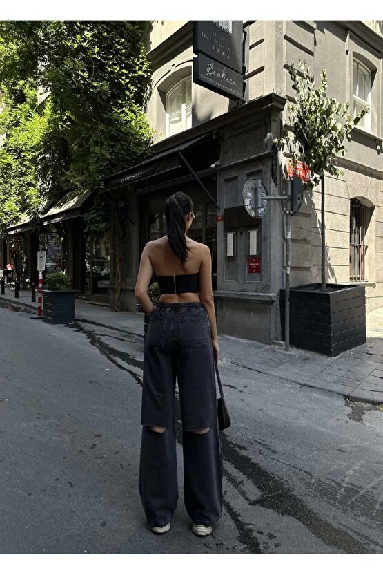 Kadın Arkadan Yırtmaçlı Jeans Kot Palazzo Pantolon - Siyah
