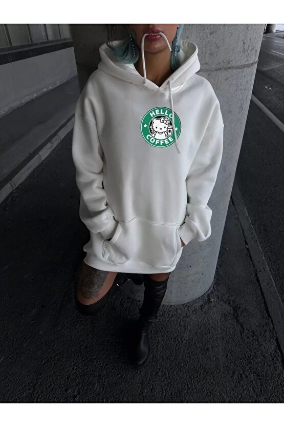 Üç İplik Penye Uzun Kol Kapüşonlu SweatShirt - Beyaz