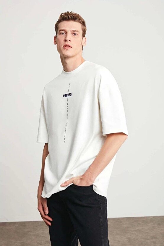 Unisex Baskılı Oversize T-Shirt - Beyaz