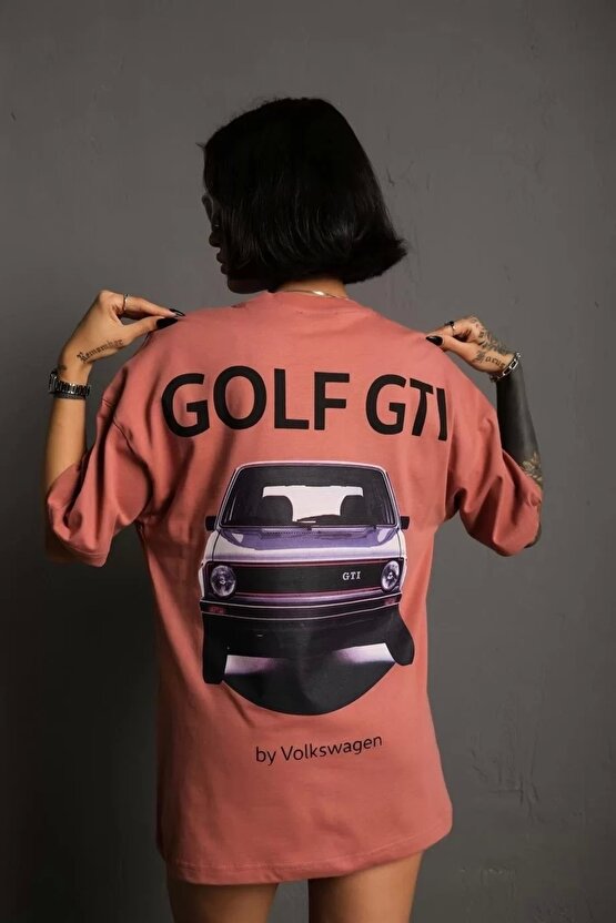 Kadın Sırt Golf Gtı Baskılı Oversize T-shirt - Gül Kurusu