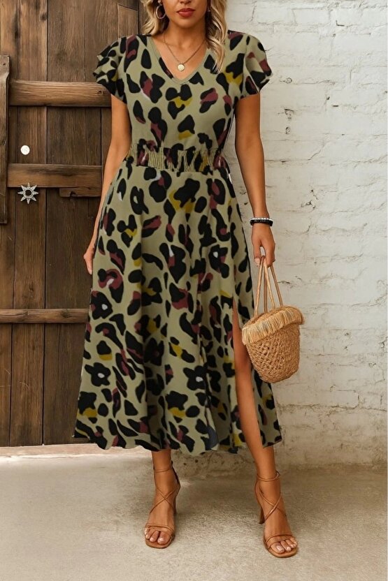 Kadın Kısa Kollu V Yakalı Desenli Yandan Yırtmaçlı Süprem Elbise