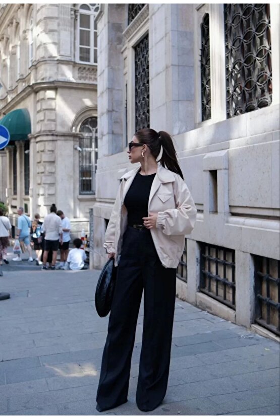 Fermuarlı Gömlek Yaka Bomber Ceket - Beyaz