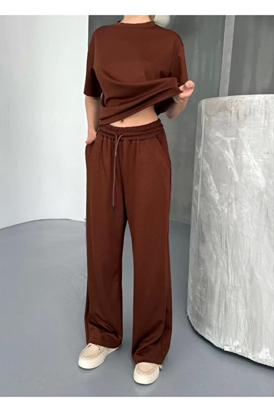 Osy Modal Yumuşak Dokulu Kumaş Kısa Kollu Bluz Rahat Pantalon ikili Takım- Kahverengi
