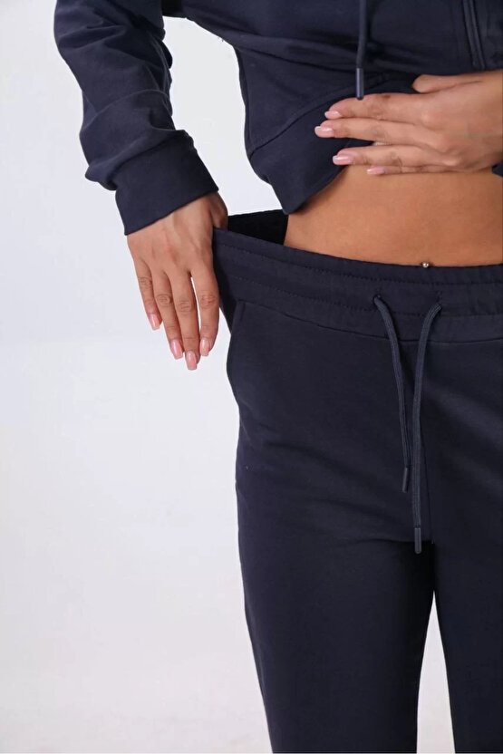 iki iplik Kapüşonlu Fermuarlı Crop Oversize Hırka Takım- Lacivert