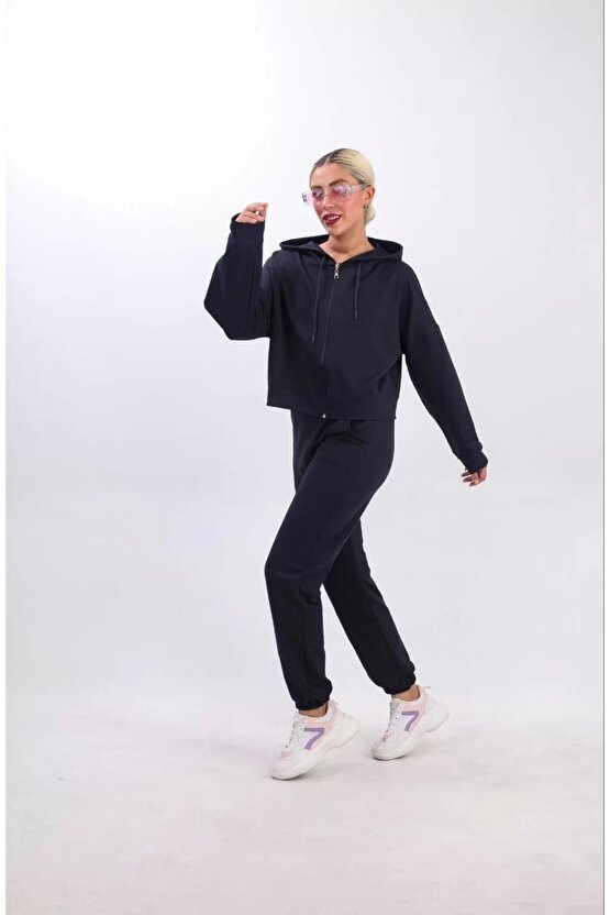 iki iplik Kapüşonlu Fermuarlı Crop Oversize Hırka Takım- Lacivert