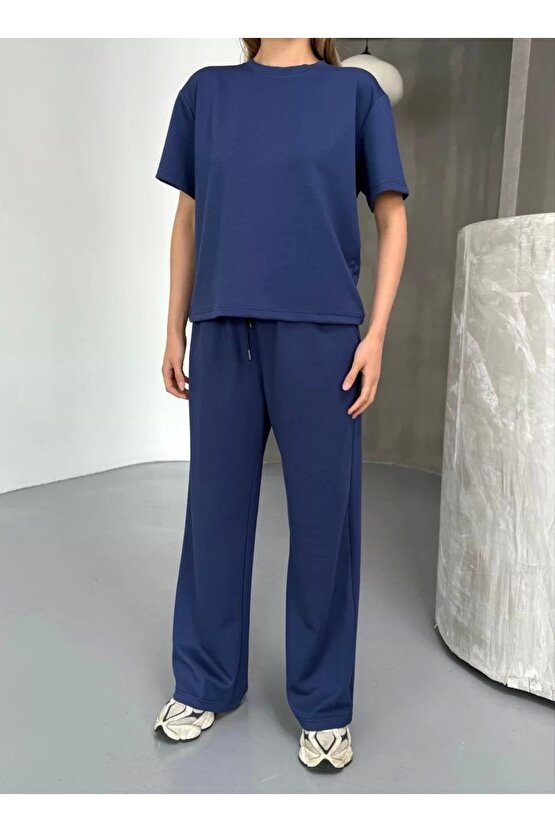 Osy Modal Yumuşak Dokulu Kumaş Kısa Kollu Bluz Rahat Pantalon ikili Takım- Lacivert