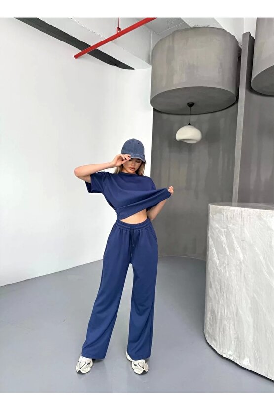 Osy Modal Yumuşak Dokulu Kumaş Kısa Kollu Bluz Rahat Pantalon ikili Takım- Lacivert