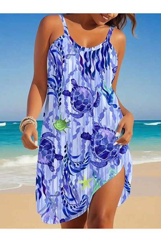 Kadın Askılı Yuvarlak Yaka Kaplumbağa Desenli Süprem Elbise