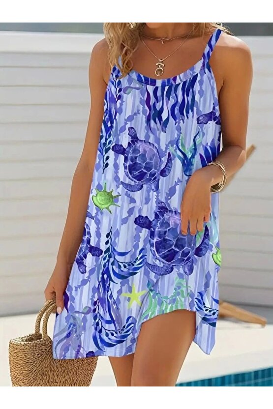 Kadın Askılı Yuvarlak Yaka Kaplumbağa Desenli Süprem Elbise