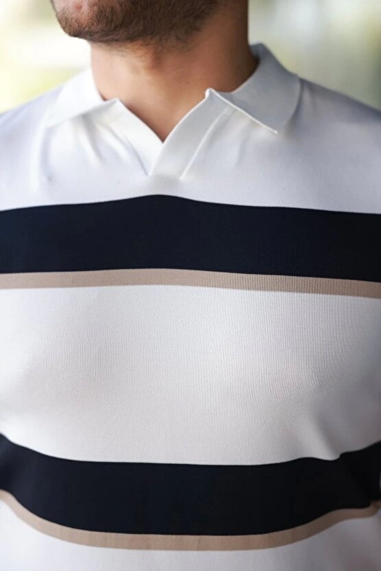 Erkek şerit Desenli Hemşire Yaka Kısa Kollu Tişört