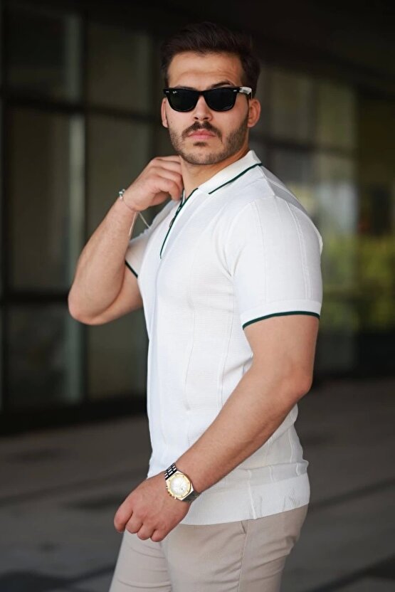 Erkek Dikey Kabartmalı Örgü Dokulu Fermuar Yakalı Tişört