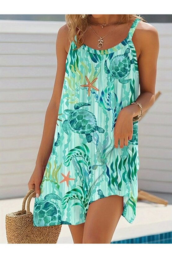 Kadın Askılı Yuvarlak Yaka Kaplumbağa Desenli Süprem Elbise