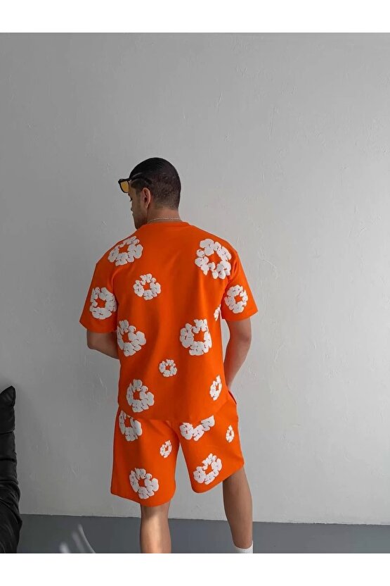 İki İplik Kumaş Baskılı T-shirt Şortlu Takım- Turuncu