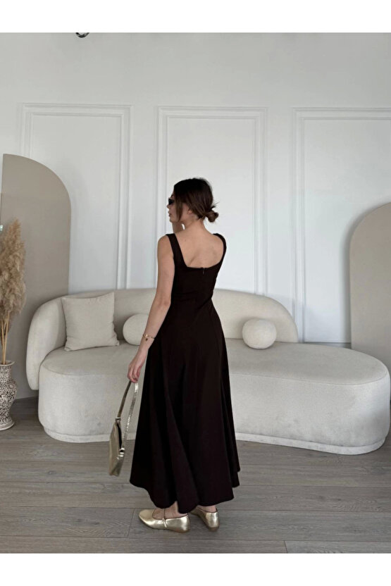 MDB ırt Dekolteli Kolsuz Uzun Elbise Kahverengi