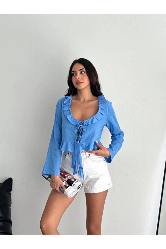 Keten Uzun Kol Bağacık Detaylı Bluz - Mavi
