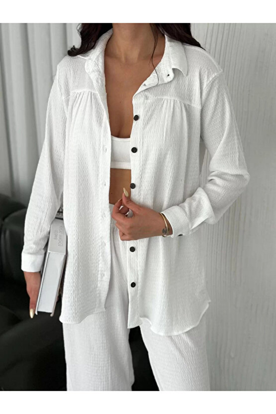 Yakalı Düğmeli Uzun Kollu Gömlek Pantolon ikili Takım - Beyaz