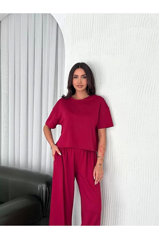 Osy Modal Yumuşak Dokulu Kumaş Bisiklet Yaka T-shirt Bol paça Pantalon ikili Takım -Bordo