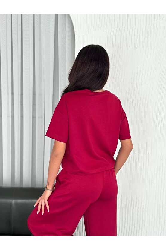 Osy Modal Yumuşak Dokulu Kumaş Bisiklet Yaka T-shirt Bol paça Pantalon ikili Takım -Bordo