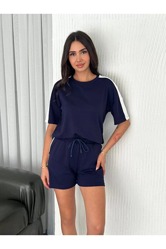 Osy Modal yumuşak dokulu Kumaş Kadın Parçalı Bisiklet Yaka T-shirt Kısa Şort İkili Takım - Mavi