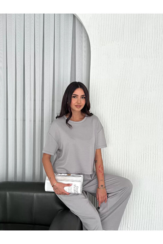 Osy Modal Yumuşak Dokulu Kumaş Bisiklet Yaka T-shirt Bol paça Pantalon ikili Takım - Boyalı Gri