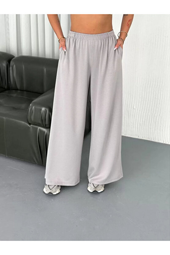 Osy Modal Yumuşak Dokulu Kumaş Bisiklet Yaka T-shirt Bol paça Pantalon ikili Takım - Boyalı Gri