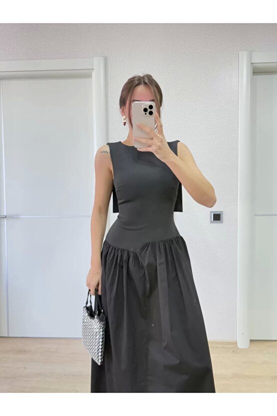 Krep Arkası Kanat Arka Ön Pens Detaylı Uzun Kadın Elbise - Siyah