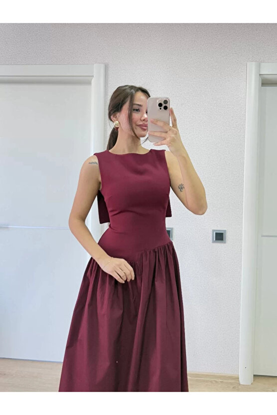Krep Arkası Kanat Arka Ön Pens Detaylı Uzun Kadın Elbise - Bordo