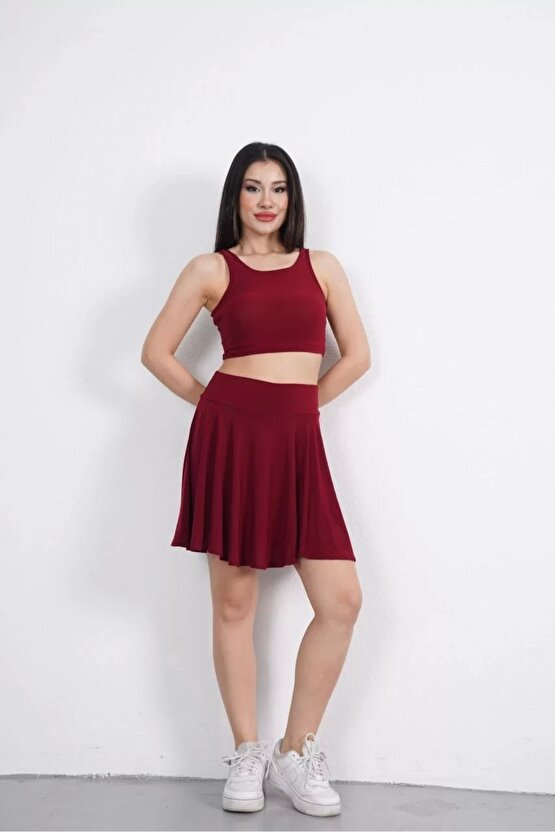 Sendy Kumaş Bisiklet Yaka Crop Şortlu Etek ikili Takım - Bordo