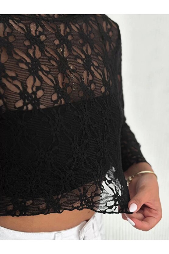 Kadın Dantel Uzun Kol Bluz- Siyah