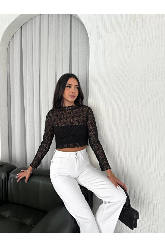 Kadın Dantel Uzun Kol Bluz- Siyah