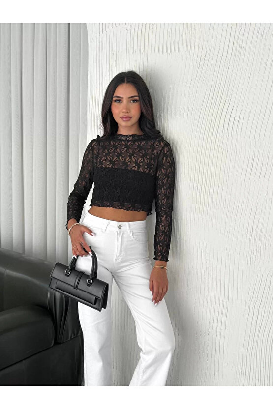 Kadın Dantel Uzun Kol Bluz- Siyah