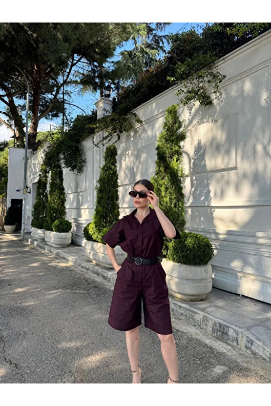 Kadın Yakalı Gömlek Kemerli Şortlu Takım - Bordo