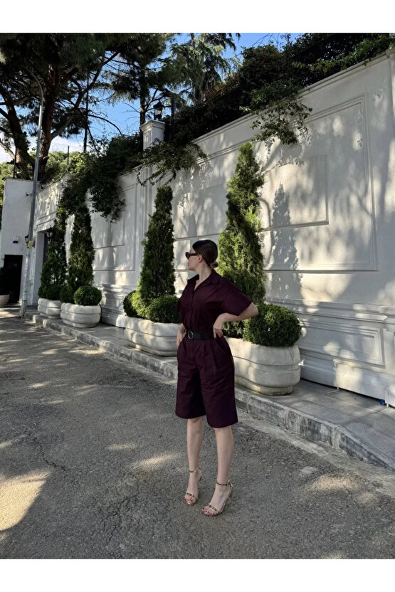 Kadın Yakalı Gömlek Kemerli Şortlu Takım - Bordo